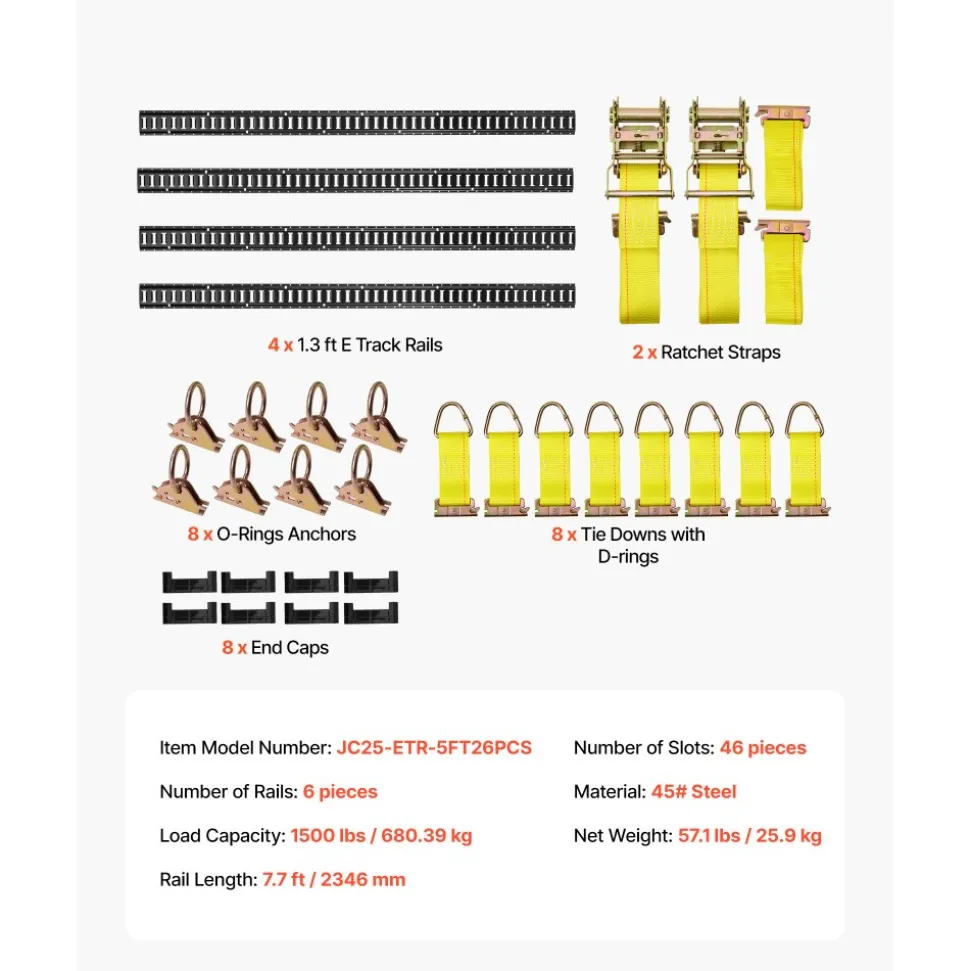 VEVOR E-Track Tie-Down Rail Kit, 4 Pack 7.7 ft E Track Rails, 26 Pcs Includes 2 Ratchet Straps & 8 O-Rings & 8 Tie-Offs with D-Ring & 8 End Caps, Fit for Garages Vans Trailers Motorcycles