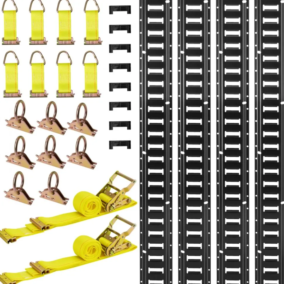 VEVOR E-Track Tie-Down Rail Kit, 4 Pack 7.7 ft E Track Rails, 26 Pcs Includes 2 Ratchet Straps & 8 O-Rings & 8 Tie-Offs with D-Ring & 8 End Caps, Fit for Garages Vans Trailers Motorcycles