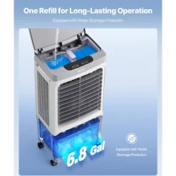 VEVOR Evaporative Air Cooler, 1800 CFM with 6.8 Gallon Water Tank Swamp Cooler, Portable Cooling Fan with Remote Control, 12H Timer, 4 Ice Boxes, Quiet Operation, 3 Wind Speeds for Outdoor Indoor Use