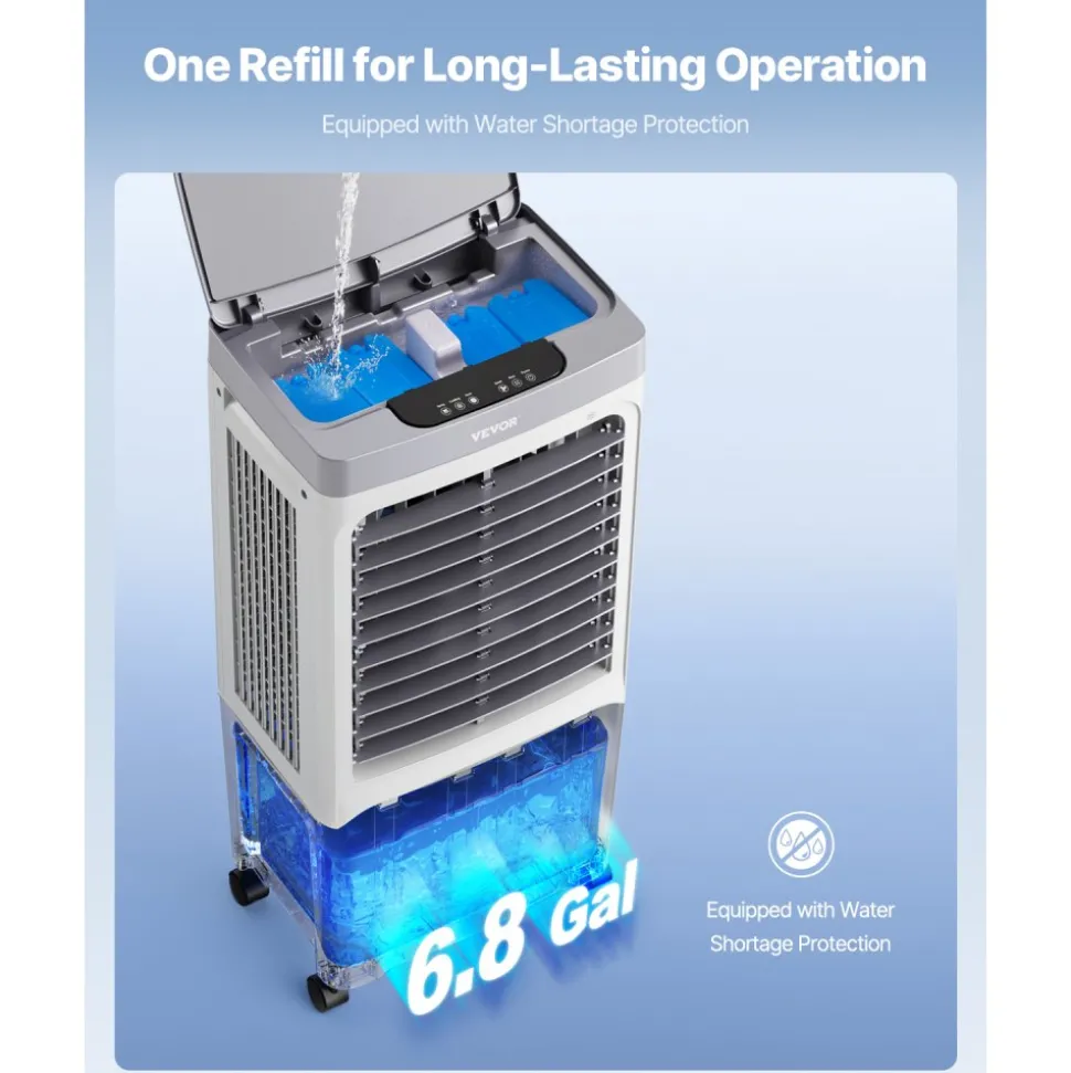 VEVOR Evaporative Air Cooler, 1800 CFM with 6.8 Gallon Water Tank Swamp Cooler, Portable Cooling Fan with Remote Control, 12H Timer, 4 Ice Boxes, Quiet Operation, 3 Wind Speeds for Outdoor Indoor Use