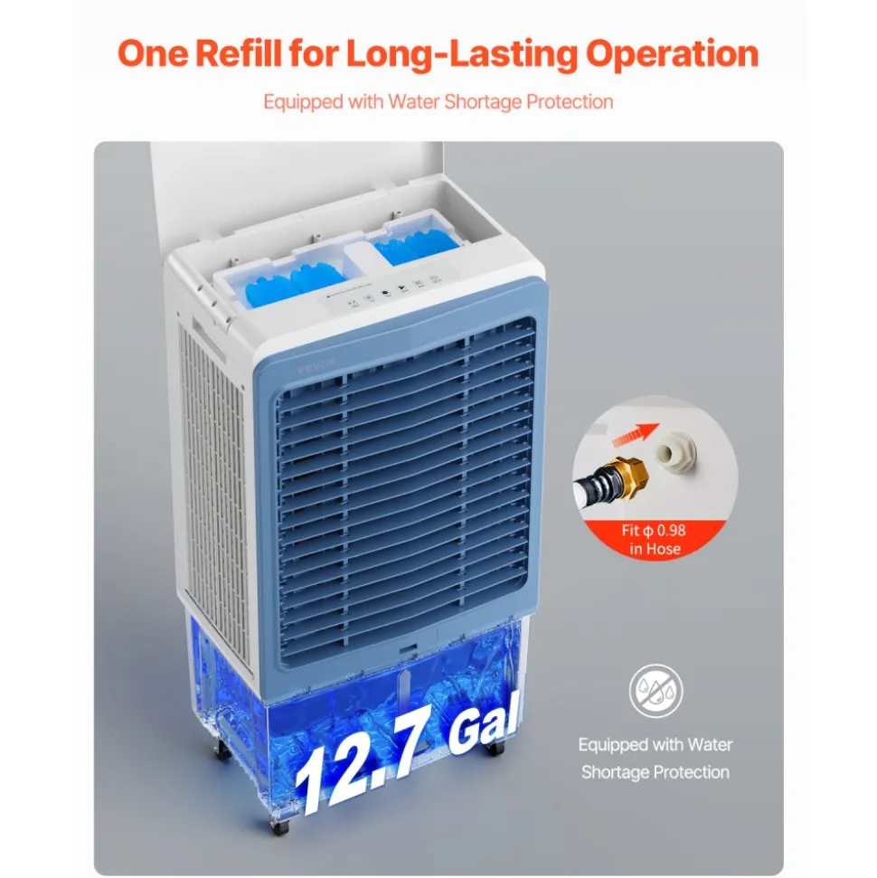 VEVOR Evaporative Air Cooler, 4129 CFM with 12.7 Gallon Water Tank Swamp Cooler, Portable Cooling Fan with Remote Control, 12H Timer, 4 Ice Boxes, Quiet Operation, 3 Wind Speeds for Outdoor Indoor Use