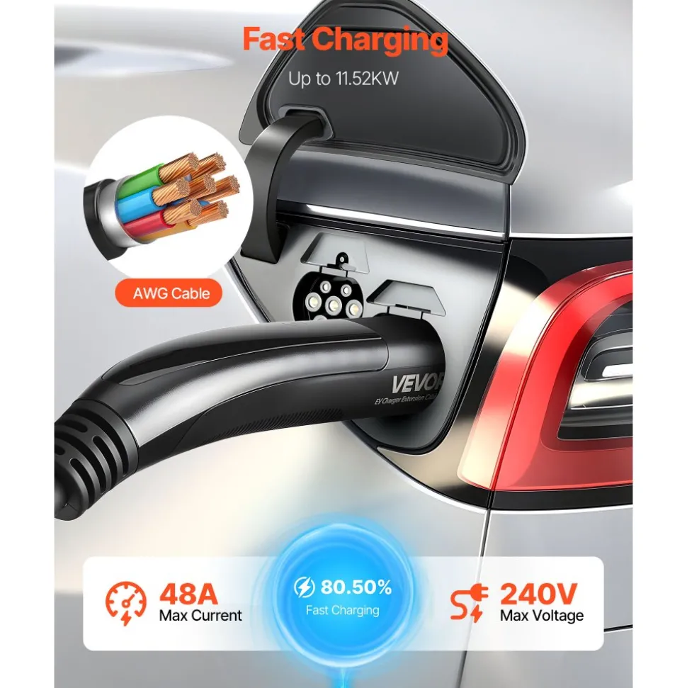 VEVOR EV Charger Extension Cable for Tesla, 48Amp 40 ft Max 240V 11.52 kW with NACS Plug, EV Extension Cord for Level 1/2 Tesla Mobile/Wall Connector/Destination Charger, Model Y/X/3/S, Carrying Bag