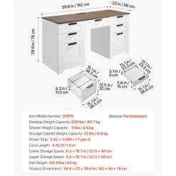 VEVOR Executive Desk, Farmhouse Office Table with Charging Station, Heavy Duty Particle Board Executive Table with Storage Drawers, 200 LBS Load Capacity, Easy Assembly, for Work Study Writing, Walnut