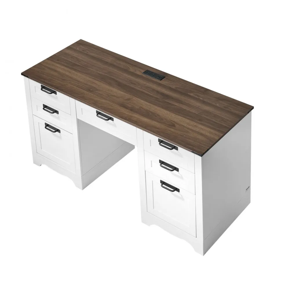 VEVOR Executive Desk, Farmhouse Office Table with Charging Station, Heavy Duty Particle Board Executive Table with Storage Drawers, 200 LBS Load Capacity, Easy Assembly, for Work Study Writing, Walnut