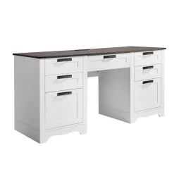 VEVOR Executive Desk, Farmhouse Office Table with Charging Station, Heavy Duty Particle Board Executive Table with Storage Drawers, 200 LBS Load Capacity, Easy Assembly, for Work Study Writing, Walnut
