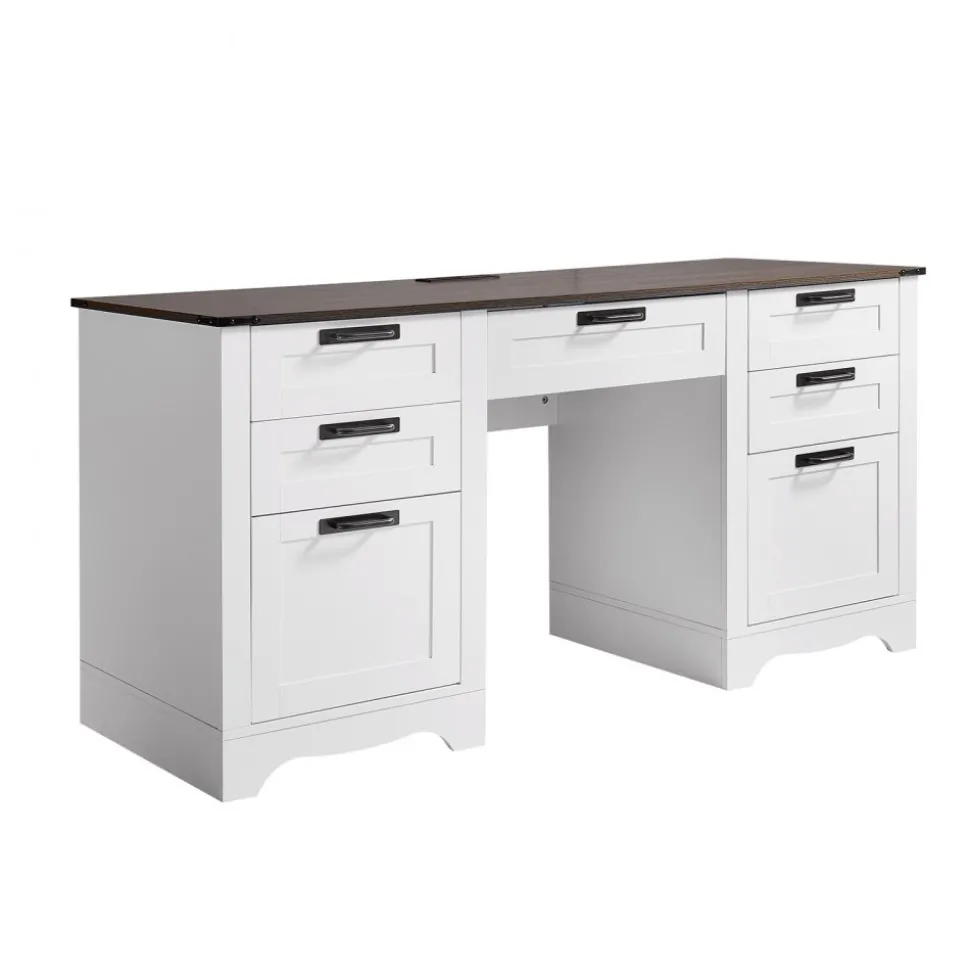 VEVOR Executive Desk, Farmhouse Office Table with Charging Station, Heavy Duty Particle Board Executive Table with Storage Drawers, 200 LBS Load Capacity, Easy Assembly, for Work Study Writing, Walnut