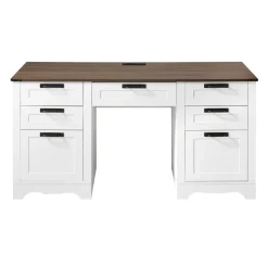 VEVOR Executive Desk, Farmhouse Office Table with Charging Station, Heavy Duty Particle Board Executive Table with Storage Drawers, 200 LBS Load Capacity, Easy Assembly, for Work Study Writing, Walnut