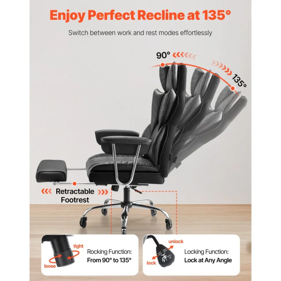 VEVOR Executive Office Chair with Footrest, 400lb Capacity Office Chair with Lumbar Pillow & Removable Armrests, Heavy Duty Ergonomic Chair, PU Leather Reclining Home Office Desk Chairs, Black