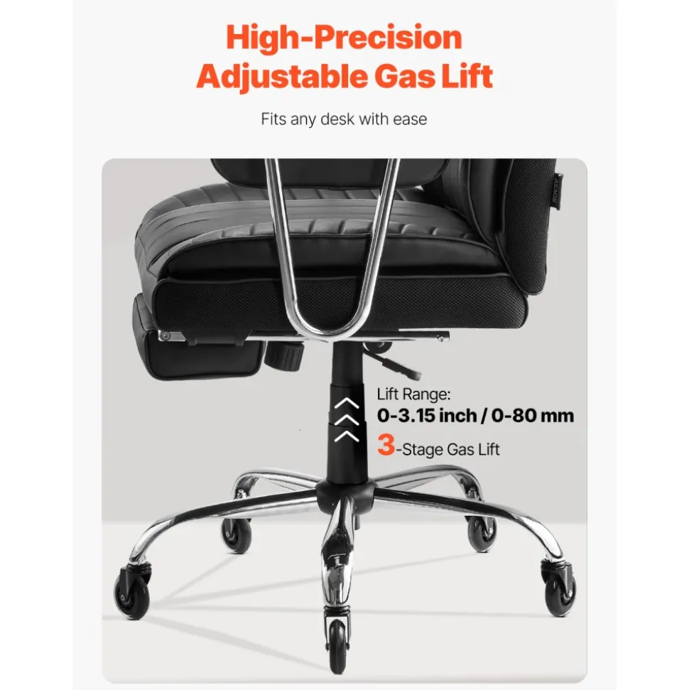 VEVOR Executive Office Chair with Footrest, 400lb Capacity Office Chair with Lumbar Pillow & Removable Armrests, Heavy Duty Ergonomic Chair, PU Leather Reclining Home Office Desk Chairs, Black