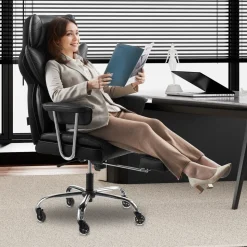 VEVOR Executive Office Chair with Footrest, 400lb Capacity Office Chair with Lumbar Pillow & Removable Armrests, Heavy Duty Ergonomic Chair, PU Leather Reclining Home Office Desk Chairs, Black