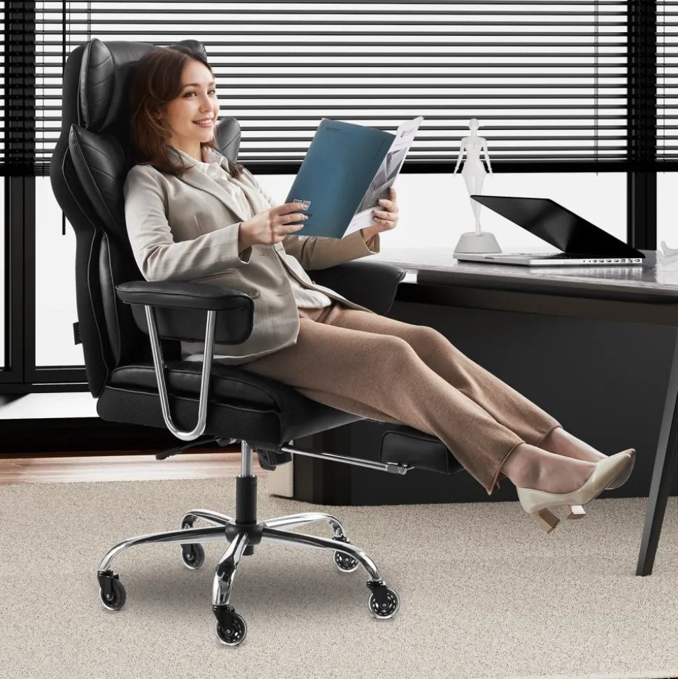 VEVOR Executive Office Chair with Footrest, 400lb Capacity Office Chair with Lumbar Pillow & Removable Armrests, Heavy Duty Ergonomic Chair, PU Leather Reclining Home Office Desk Chairs, Black