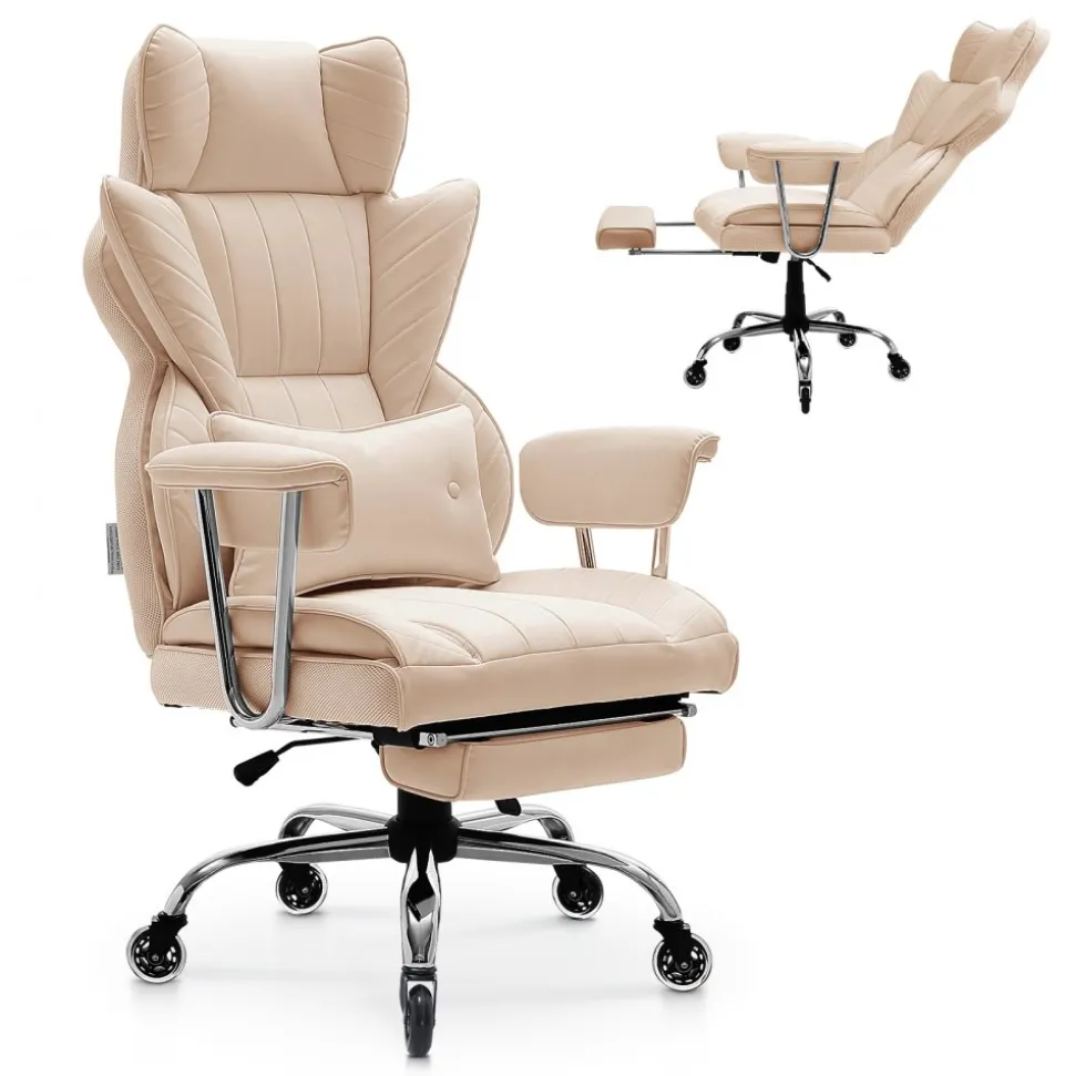 VEVOR Executive Office Chair with Footrest, 400lb Capacity Office Chair with Lumbar Pillow & Removable Armrests, Heavy Duty Ergonomic Chair, PU Leather Reclining Home Office Desk Chairs, Brown