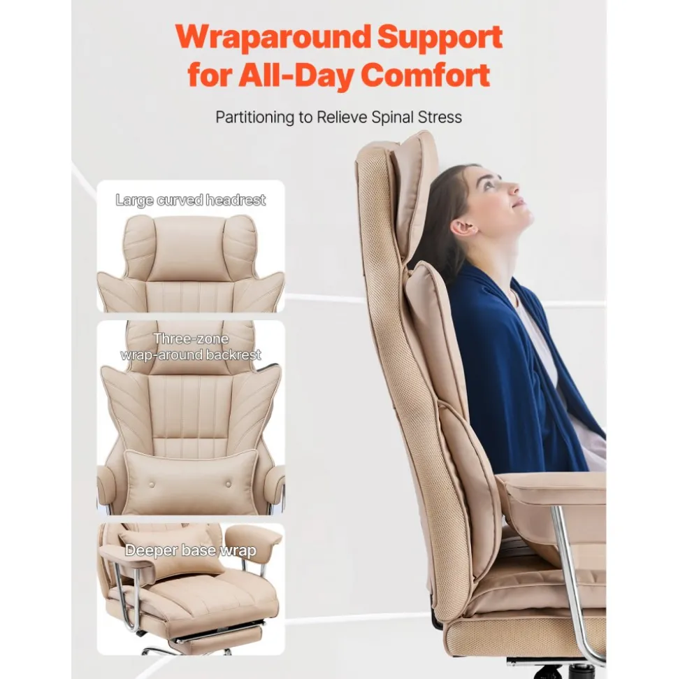 VEVOR Executive Office Chair with Footrest, 400lb Capacity Office Chair with Lumbar Pillow & Removable Armrests, Heavy Duty Ergonomic Chair, PU Leather Reclining Home Office Desk Chairs, Brown