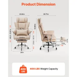 VEVOR Executive Office Chair with Footrest, 400lb Capacity Office Chair with Lumbar Pillow & Removable Armrests, Heavy Duty Ergonomic Chair, PU Leather Reclining Home Office Desk Chairs, Brown