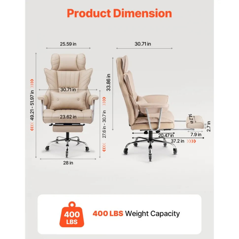 VEVOR Executive Office Chair with Footrest, 400lb Capacity Office Chair with Lumbar Pillow & Removable Armrests, Heavy Duty Ergonomic Chair, PU Leather Reclining Home Office Desk Chairs, Brown