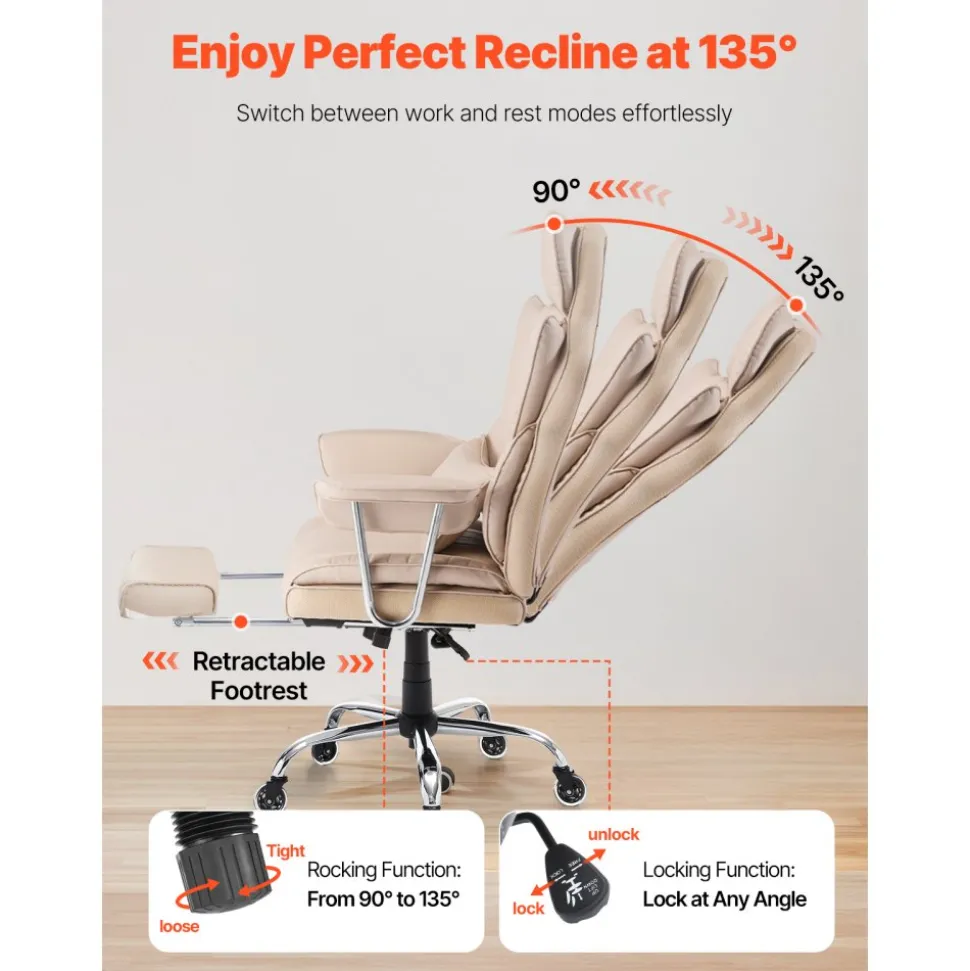 VEVOR Executive Office Chair with Footrest, 400lb Capacity Office Chair with Lumbar Pillow & Removable Armrests, Heavy Duty Ergonomic Chair, PU Leather Reclining Home Office Desk Chairs, Brown