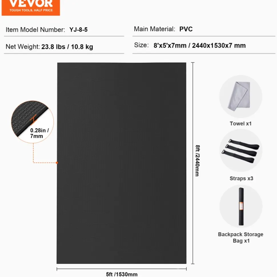 VEVOR Exercise Mat, Non Slip High Density Premium Yoga Mat, Exercise Yoga Mat for Men & Women, Fitness & Exercise Mat with Bag & Carry Strap, for All Types of Home Yoga, Pilate & Floor Workout (8x5ft)