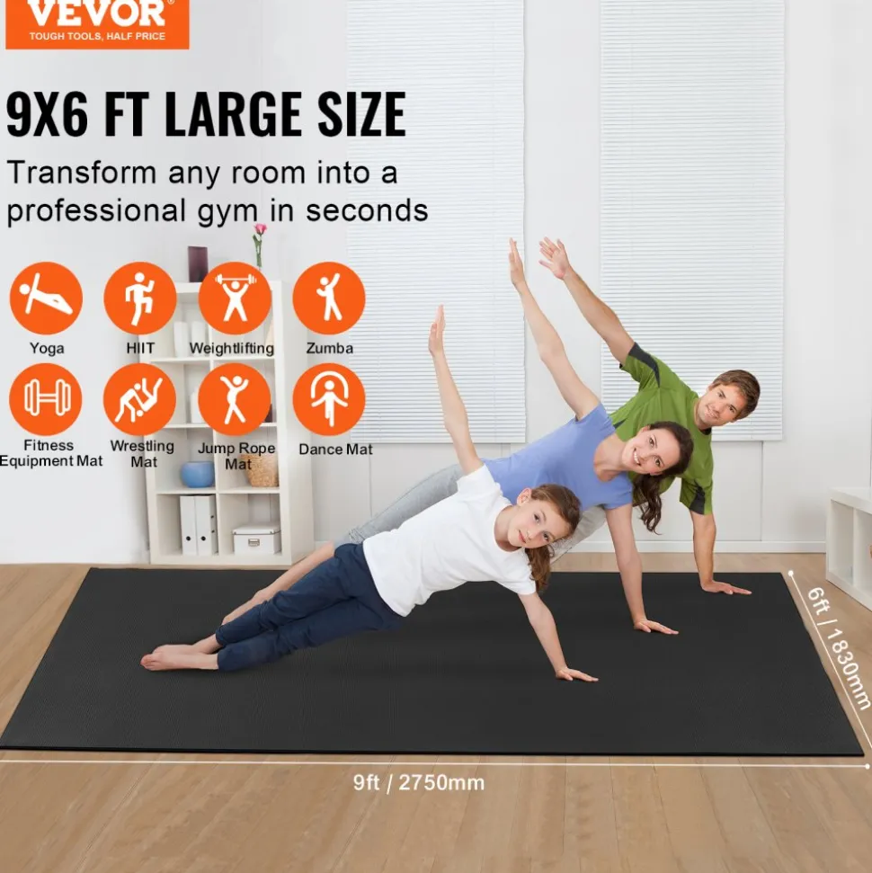 VEVOR Exercise Mat, Non Slip High Density Premium Yoga Mat, Exercise Yoga Mat for Men & Women, Fitness & Exercise Mat with Bag & Carry Strap, for All Types of Home Yoga, Pilate & Floor Workout (9x6ft)