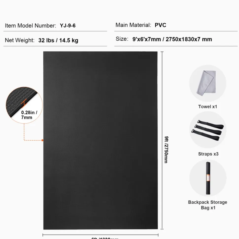 VEVOR Exercise Mat, Non Slip High Density Premium Yoga Mat, Exercise Yoga Mat for Men & Women, Fitness & Exercise Mat with Bag & Carry Strap, for All Types of Home Yoga, Pilate & Floor Workout (9x6ft)