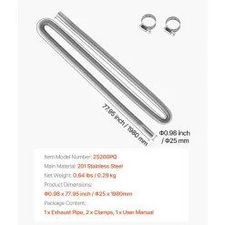 VEVOR Exhaust Hose, 77.95 inch Stainless Steel Exhausts Hose, Diesel Heater Flexible Exhaust Pipe with 2 Hose Clamps, Exhausts Hoses Kit Diesel Heater Accessories for 2KW 5KW 8KW Diesels Heaters