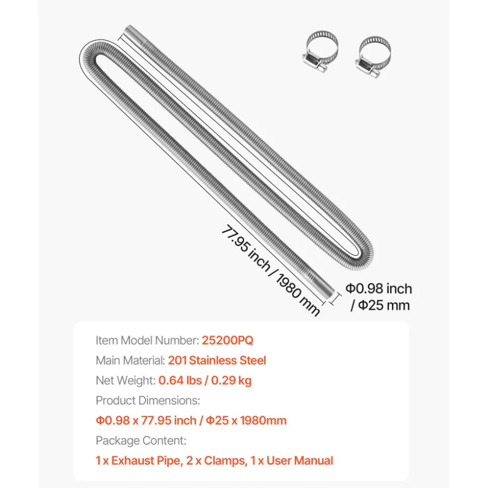 VEVOR Exhaust Hose, 77.95 inch Stainless Steel Exhausts Hose, Diesel Heater Flexible Exhaust Pipe with 2 Hose Clamps, Exhausts Hoses Kit Diesel Heater Accessories for 2KW 5KW 8KW Diesels Heaters