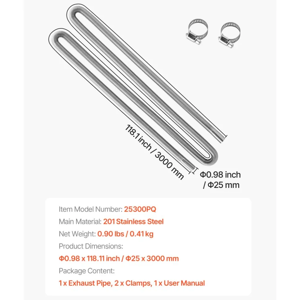 VEVOR Exhaust Hose, 118.1 inch Stainless Steel Exhausts Hose, Diesel Heater Flexible Exhaust Pipe with 2 Hose Clamps, Exhausts Hoses Kit Diesel Heater Accessories for 2KW 5KW 8KW Diesels Heaters