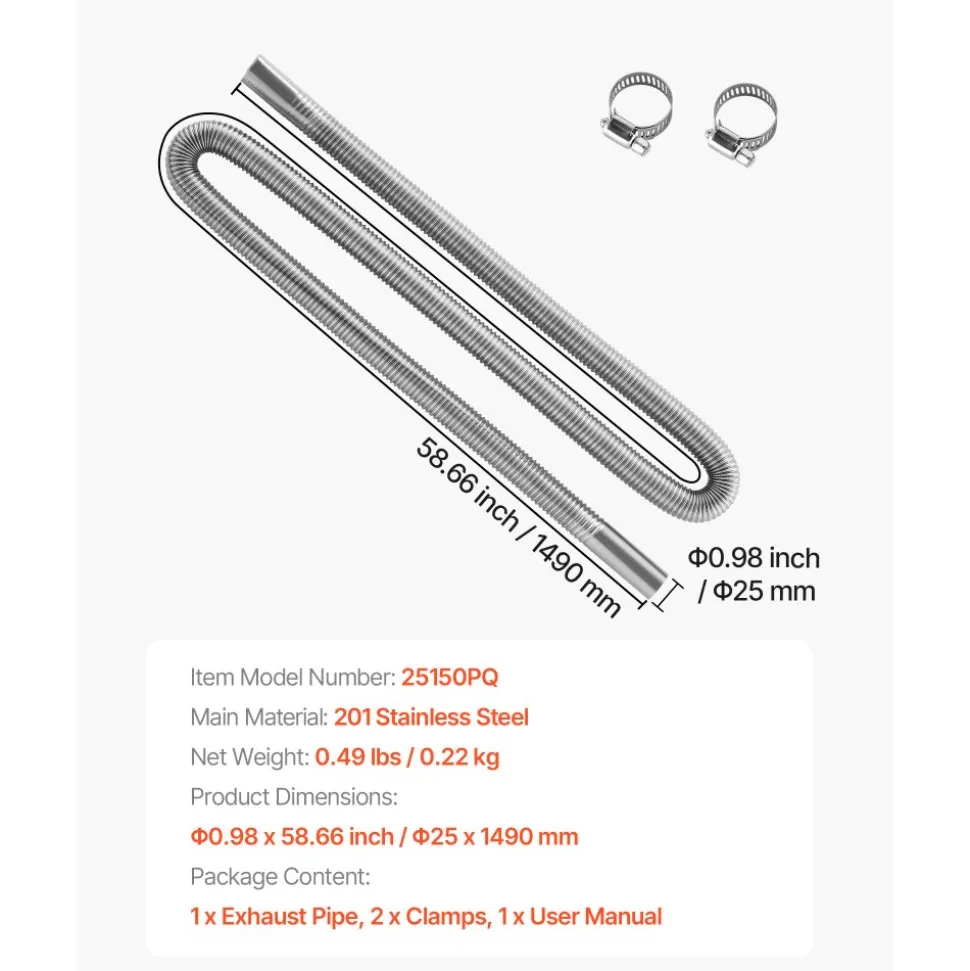 VEVOR Exhaust Hose, 58.7 inch Stainless Steel Exhausts Hose, Diesel Heater Flexible Exhaust Pipe with 2 Hose Clamps, Exhausts Hoses Kit Diesel Heater Accessories for 2KW 5KW 8KW Diesels Heaters
