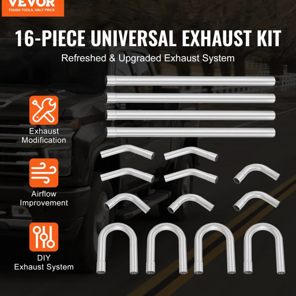VEVOR Exhaust Kit, 16pcs, DIY Universal Stainless Steel Exhaust Kit with Slip-Fit Joint & Large Exhaust Tube, Rust-Proof Exhaust Pipe for Exhaust System, Fit for Garage/Auto Repair Store/4S Store