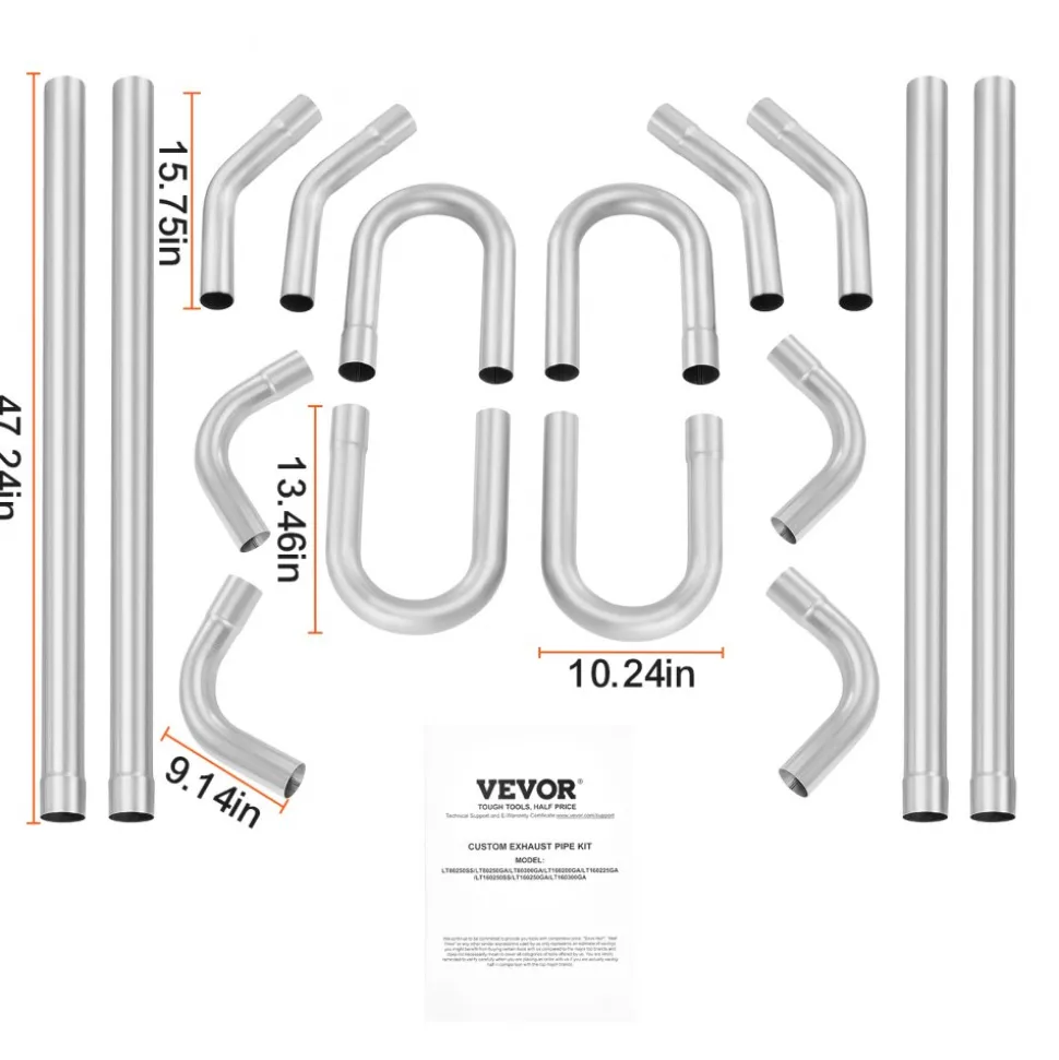 VEVOR Exhaust Kit, 16pcs, DIY Universal Stainless Steel Exhaust Kit with Slip-Fit Joint & Large Exhaust Tube, Rust-Proof Exhaust Pipe for Exhaust System, Fit for Garage/Auto Repair Store/4S Store