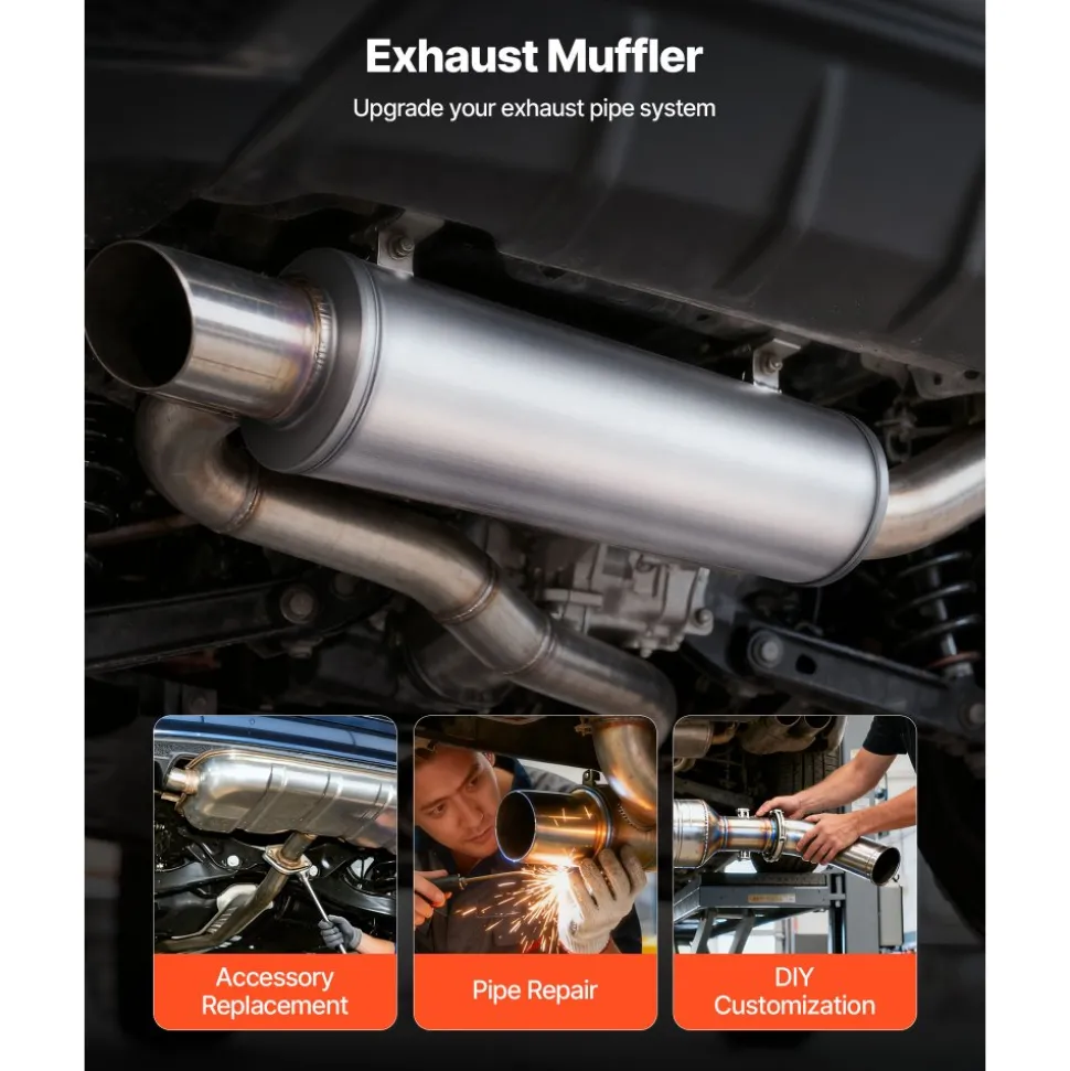 VEVOR Exhaust Muffler, 4 Inch Inlet & Outlet, 30 Inch Overall Length Stainless Steel Exhaust Tip, Universal Resonator Round Body, High Performance for Trucks, Sedans, Sports Cars, SUVs & Daily Drivers