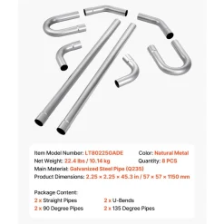 VEVOR Exhaust Pipe, 8 Pcs 2.25 Inch Mild Steel DIY Custom Exhaust Tubing Straight & U-Bend Kit with 90 & 135 Degree Pipes, Galvanized Surface Finish, Universal Fit for Truck, Sedan, Sports Car, SUV