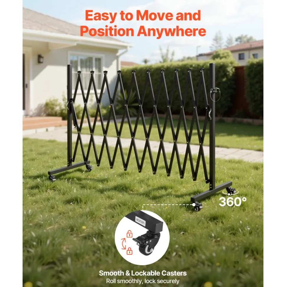 VEVOR Expandable Barricade, 11FT Expandable Safety Barrier, Flexible Mobile Barricade with Locking Casters, Portable Folding Security Gate Metal Traffic Fence for Patio Garden Stairway