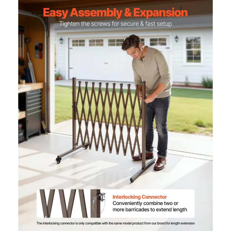 VEVOR Expandable Barricade, 10FT Expandable Safety Barrier, Flexible Mobile Barricade with Locking Casters, Portable Folding Security Gate Metal Traffic Fence for Patio Garden Stairway