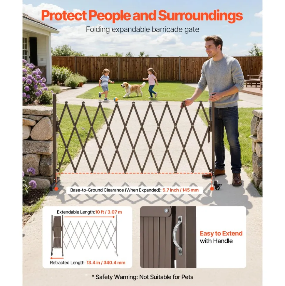 VEVOR Expandable Barricade, 10FT Expandable Safety Barrier, Flexible Mobile Barricade with Locking Casters, Portable Folding Security Gate Metal Traffic Fence for Patio Garden Stairway