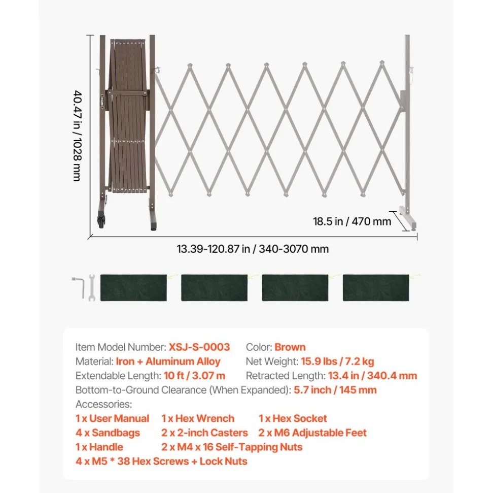 VEVOR Expandable Barricade, 10FT Expandable Safety Barrier, Flexible Mobile Barricade with Locking Casters, Portable Folding Security Gate Metal Traffic Fence for Patio Garden Stairway