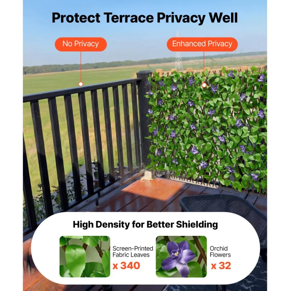VEVOR Expandable Fence Privacy Screen, 25.5 x 122 in Expand Artificial Plant Wall, Realistic Artificial Ivy Panel with 50 Zip Ties, Decorative Faux Greenery Backdrop Hedges for Balcony Patio Outdoor