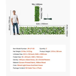 VEVOR Expandable Fence Privacy Screen, 25.5 x 122 in Expand Artificial Plant Wall, Realistic Artificial Ivy Panel with 50 Zip Ties, Decorative Faux Greenery Backdrop Hedges for Balcony Patio Outdoor