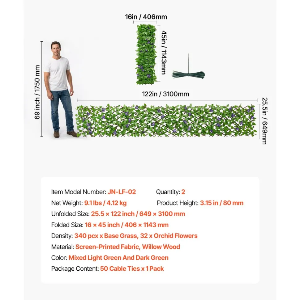 VEVOR Expandable Fence Privacy Screen, 25.5 x 122 in Expand Artificial Plant Wall, Realistic Artificial Ivy Panel with 50 Zip Ties, Decorative Faux Greenery Backdrop Hedges for Balcony Patio Outdoor
