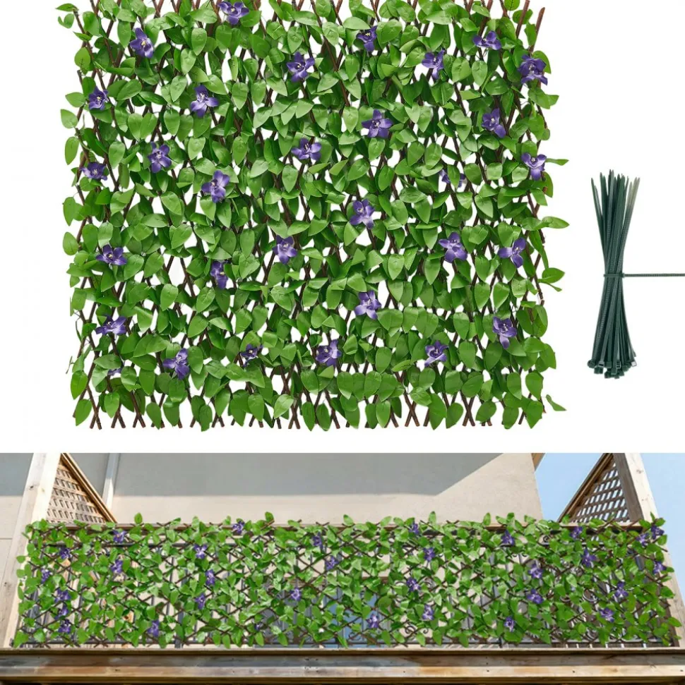 VEVOR Expandable Fence Privacy Screen, 25.5 x 122 in Expand Artificial Plant Wall, Realistic Artificial Ivy Panel with 50 Zip Ties, Decorative Faux Greenery Backdrop Hedges for Balcony Patio Outdoor