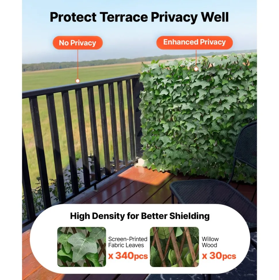 VEVOR Expandable Fence Privacy Screen, 25 x 126 in Expand Artificial Plant Wall, Realistic Artificial Ivy Panel with 50 Zip Ties, Decorative Faux Greenery Backdrop Hedges for Balcony Patio Outdoor
