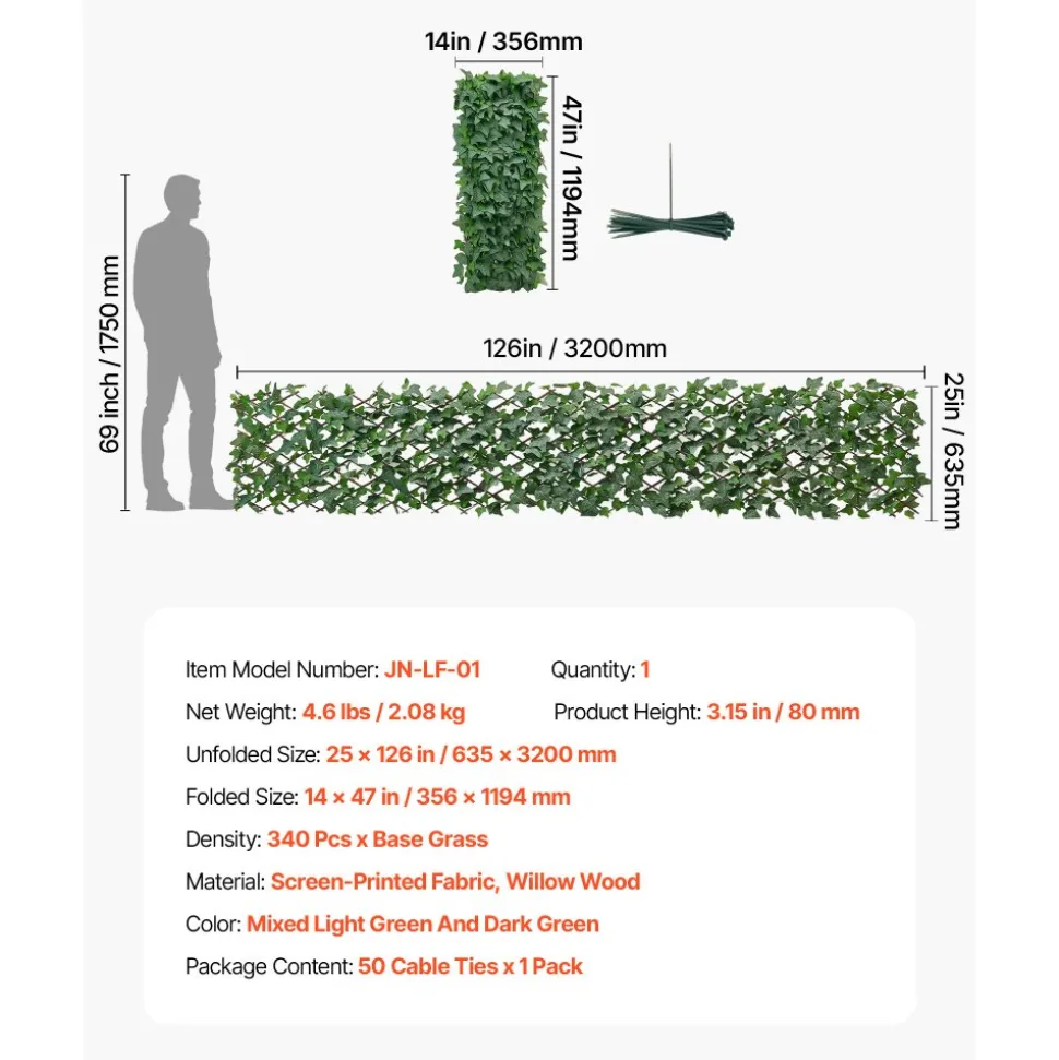 VEVOR Expandable Fence Privacy Screen, 25 x 126 in Expand Artificial Plant Wall, Realistic Artificial Ivy Panel with 50 Zip Ties, Decorative Faux Greenery Backdrop Hedges for Balcony Patio Outdoor