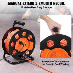 VEVOR Extension Cord Reel, 100FT, with 4 Outlets and Dust Cover, Heavy Duty 12AWG SJTOW Power Cord, Manual Cord Reel with Portable Handle Circuit Breaker, for Toolshed Garage, Tested to UL Standards