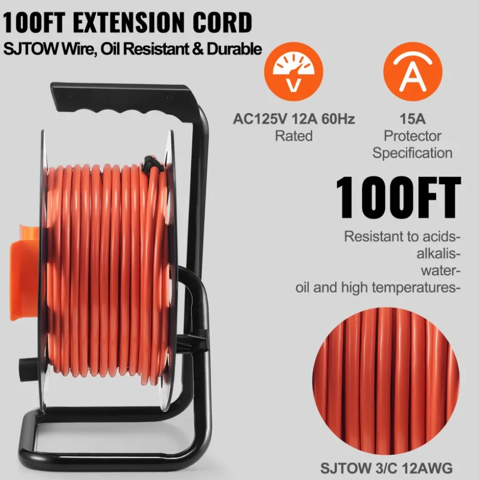 VEVOR Extension Cord Reel, 100FT, with 4 Outlets and Dust Cover, Heavy Duty 12AWG SJTOW Power Cord, Manual Cord Reel with Portable Handle Circuit Breaker, for Toolshed Garage, Tested to UL Standards