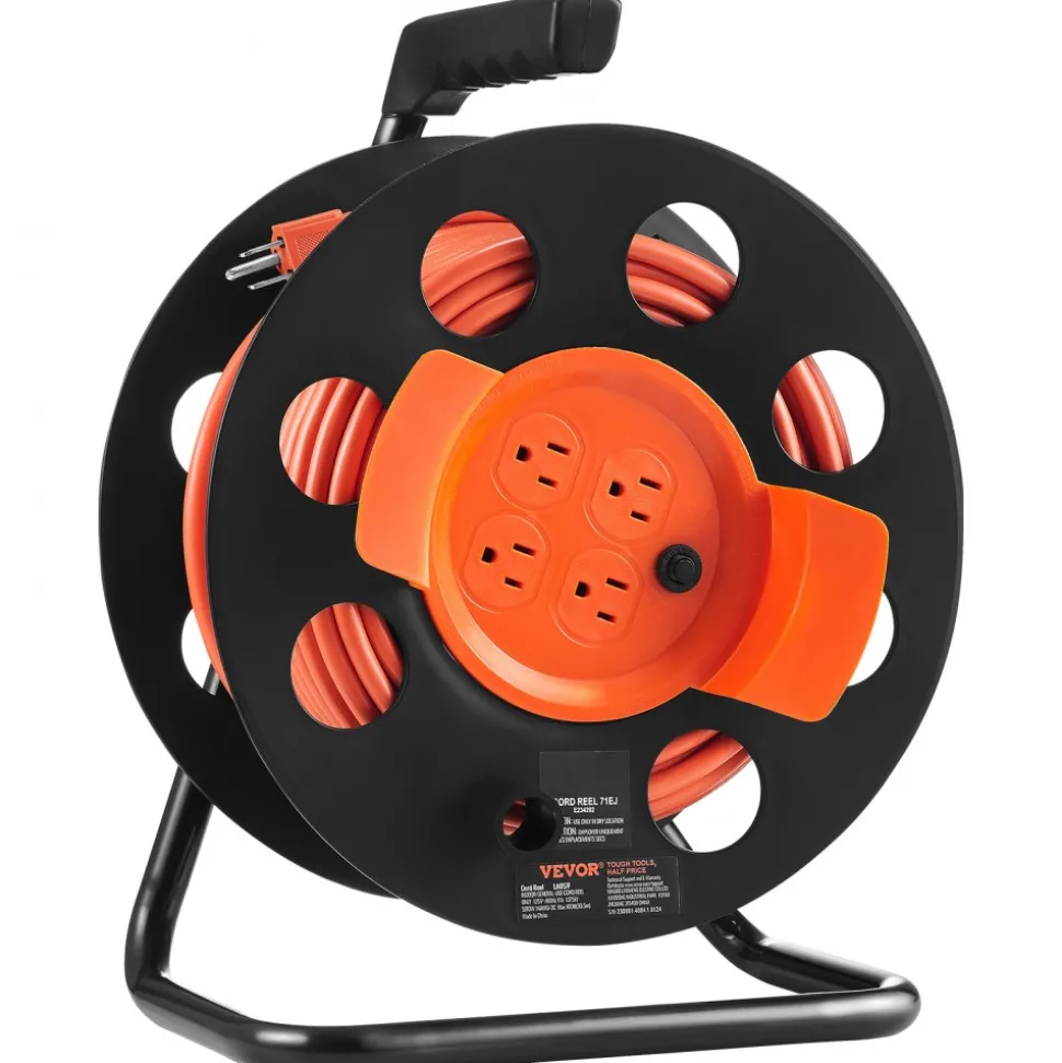 VEVOR Extension Cord Reel, 100FT, with 4 Outlets and Dust Cover, Heavy Duty 14AWG SJTOW Power Cord, Manual Cord Reel with Portable Handle Circuit Breaker, for Toolshed Garage, Tested to UL Standards