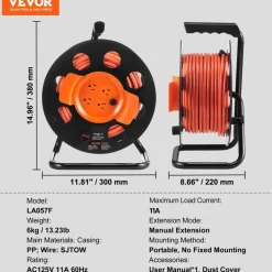 VEVOR Extension Cord Reel, 100FT, with 4 Outlets and Dust Cover, Heavy Duty 14AWG SJTOW Power Cord, Manual Cord Reel with Portable Handle Circuit Breaker, for Toolshed Garage, Tested to UL Standards
