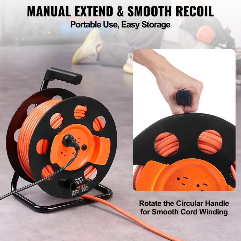 VEVOR Extension Cord Reel, 100FT, with 4 Outlets and Dust Cover, Heavy Duty 14AWG SJTOW Power Cord, Manual Cord Reel with Portable Handle Circuit Breaker, for Toolshed Garage, Tested to UL Standards