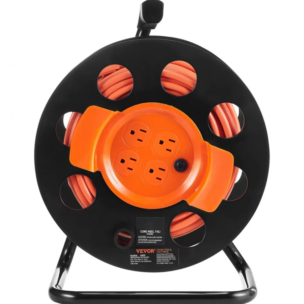 VEVOR Extension Cord Reel, 100FT, with 4 Outlets and Dust Cover, Heavy Duty 14AWG SJTOW Power Cord, Manual Cord Reel with Portable Handle Circuit Breaker, for Toolshed Garage, Tested to UL Standards
