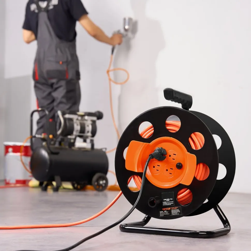 VEVOR Extension Cord Reel, 100FT, with 4 Outlets and Dust Cover, Heavy Duty 14AWG SJTOW Power Cord, Manual Cord Reel with Portable Handle Circuit Breaker, for Toolshed Garage, Tested to UL Standards