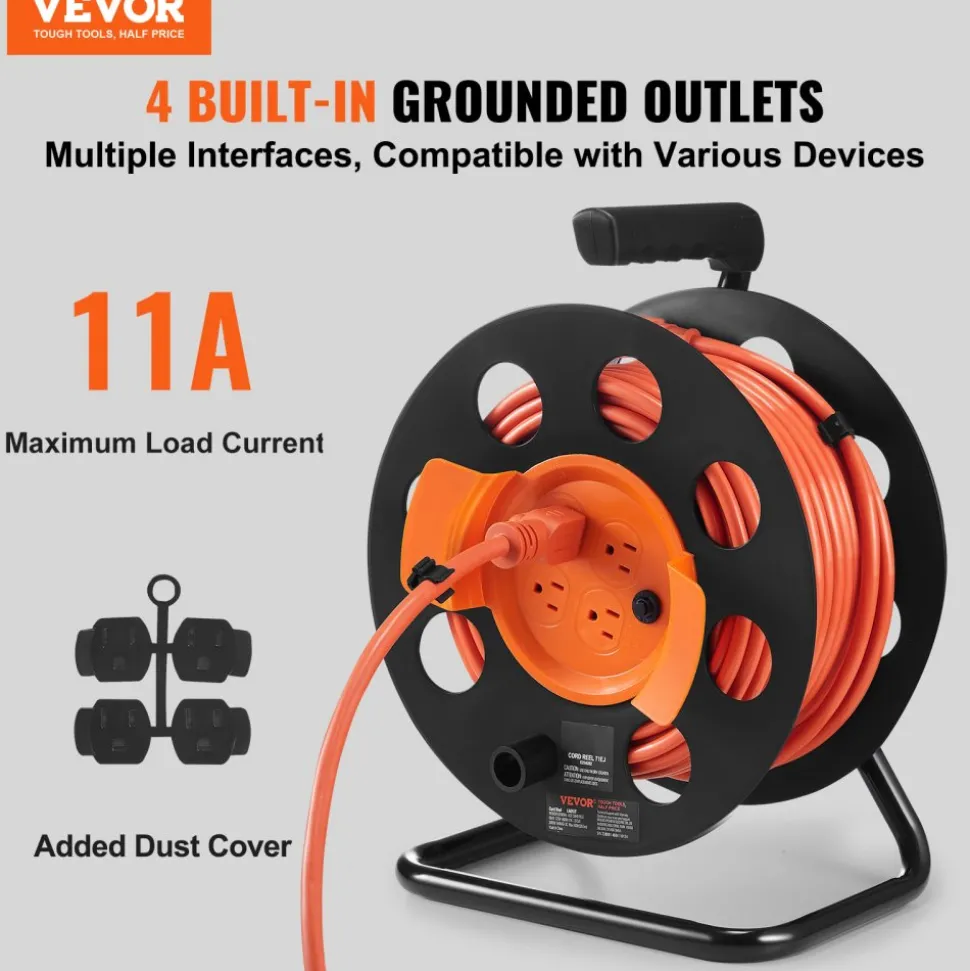 VEVOR Extension Cord Reel, 100FT, with 4 Outlets and Dust Cover, Heavy Duty 14AWG SJTOW Power Cord, Manual Cord Reel with Portable Handle Circuit Breaker, for Toolshed Garage, Tested to UL Standards