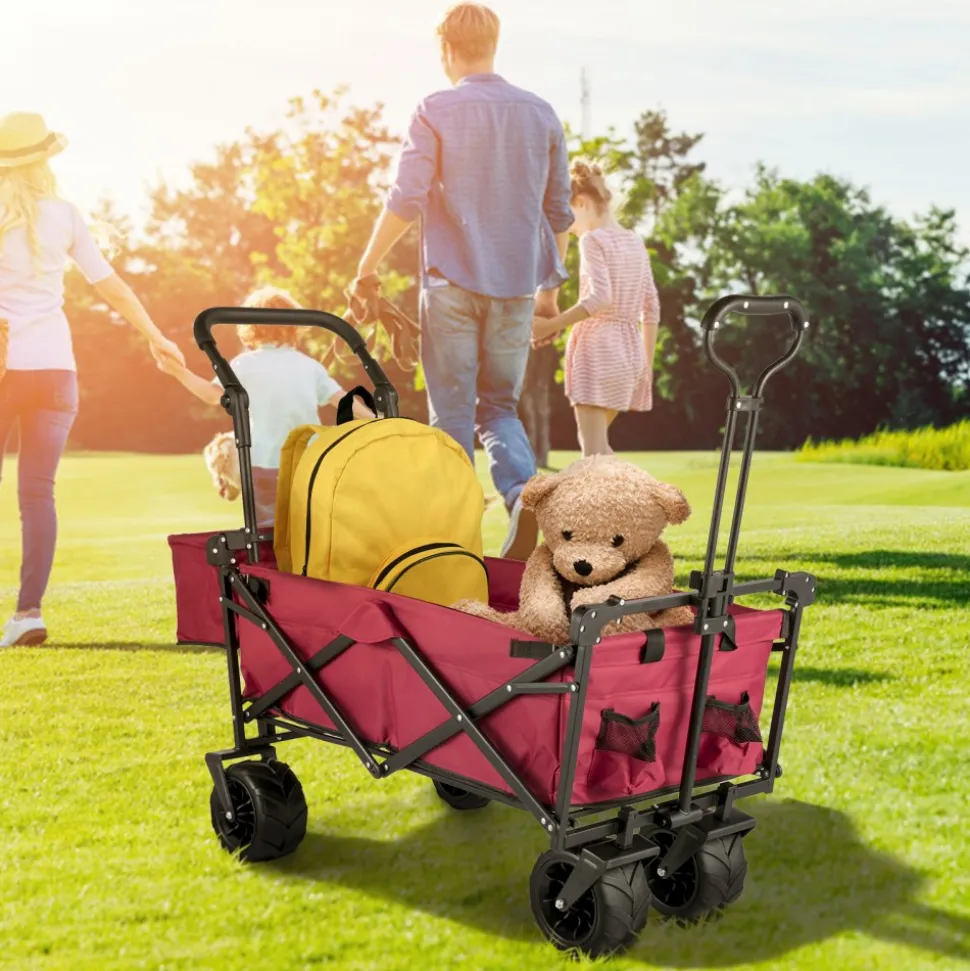 VEVOR Extra Large Collapsible Garden Cart with Removable Canopy, Folding Wagon Utility Carts with Wheels and Rear Storage, Wagon Cart for Garden, Camping, Grocery Cart, Shopping Cart, Red